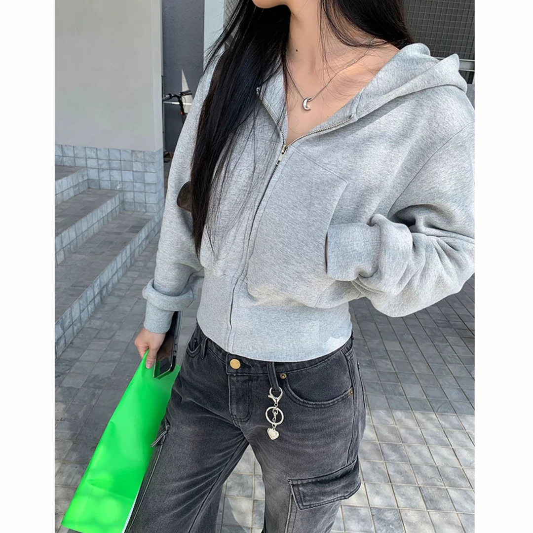 billkong连帽拉链口袋卫衣修身百搭灰色长袖卫衣上衣开衫短外套女