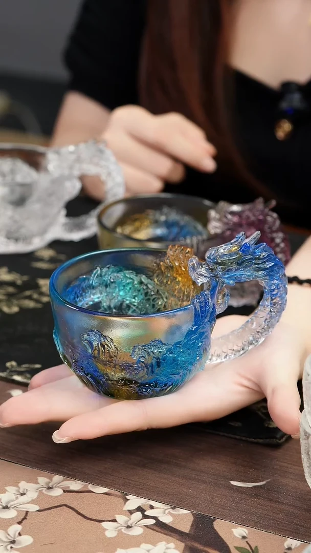 琉璃手工艺品丹****)蓝色龙杯