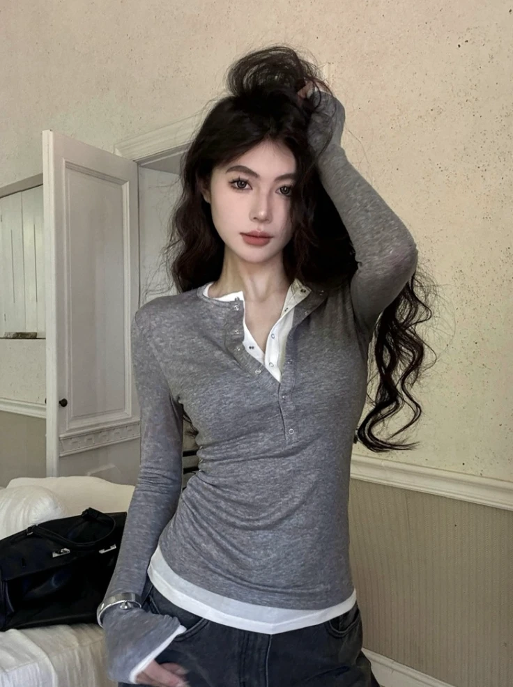假两件打底衫长袖t恤女秋2025新款修身显瘦设计感小众上衣