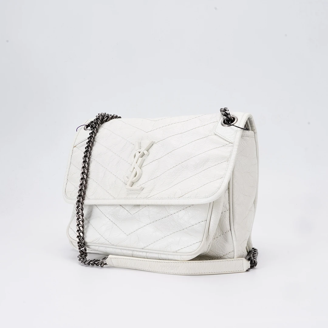95新 YSL/圣罗兰 niki中号D扣 白色 油蜡皮 斜挎包/BG22003999