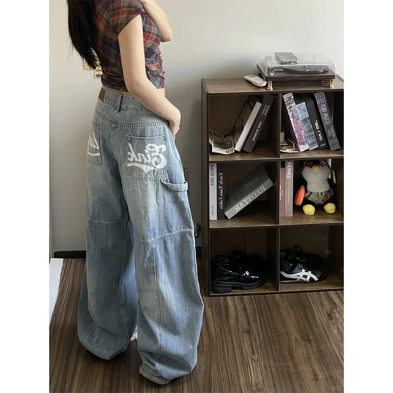 大码美式复古高街国潮字母印花设计弯刀牛仔裤百搭休闲直筒阔腿裤