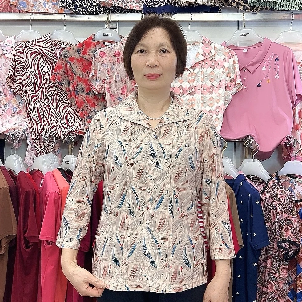 【金夫人妈妈装】中老年春夏七分袖冰丝翻领花式衬衫透气T恤2520