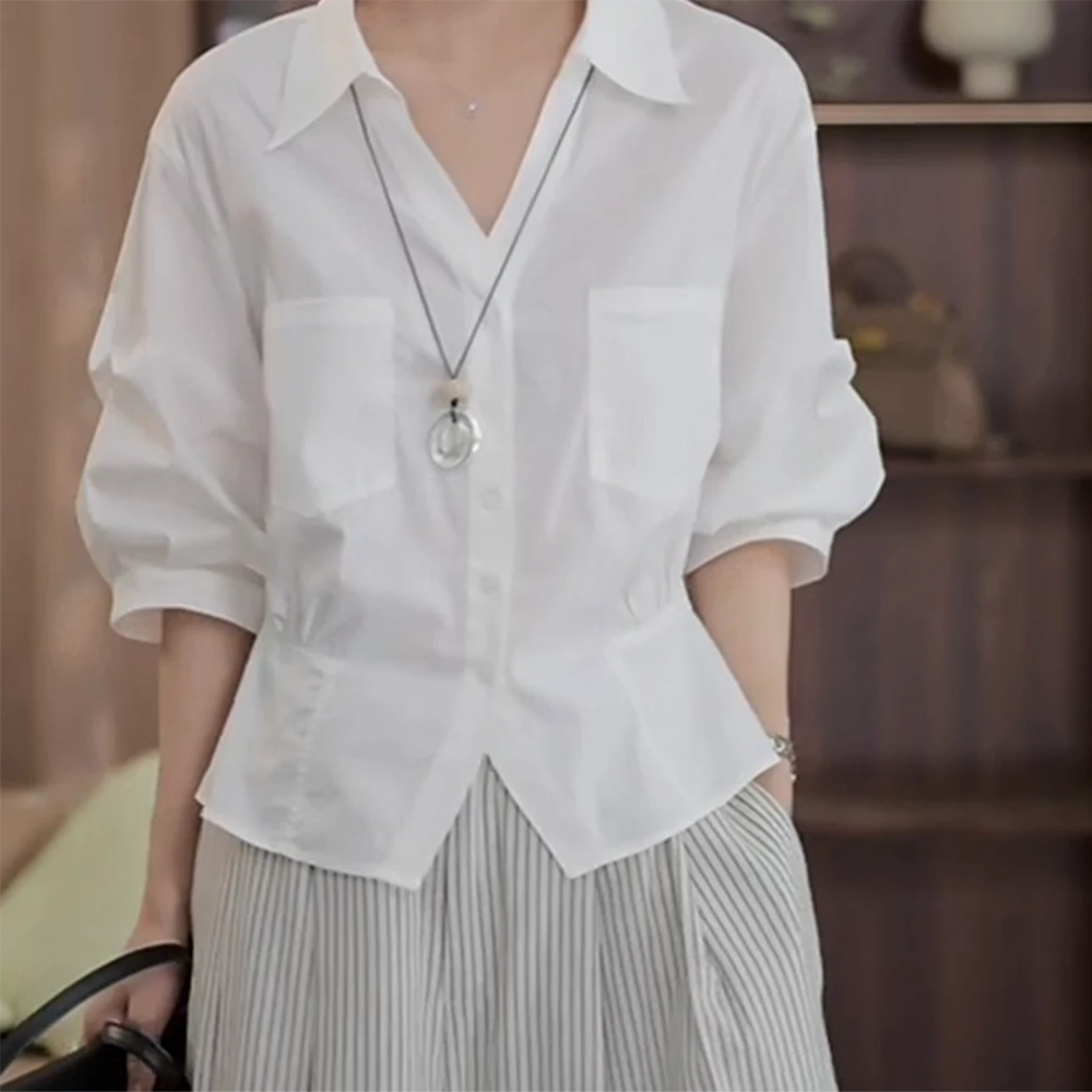 2025轻奢气质纯色短袖衬衫显瘦百搭上衣C5564