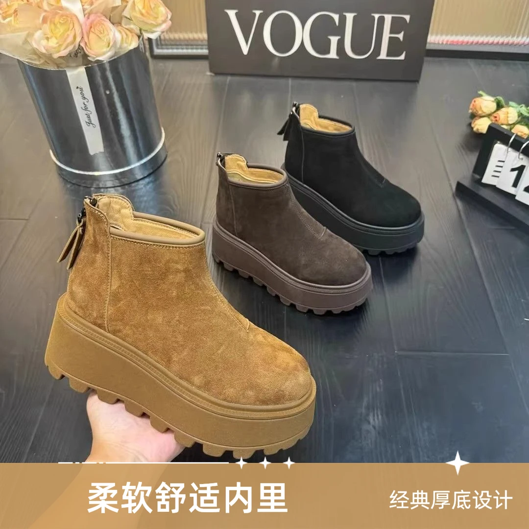 2024新款爆款厚底短靴女秋冬小个子冬季靴子百搭休闲加绒雪地靴女