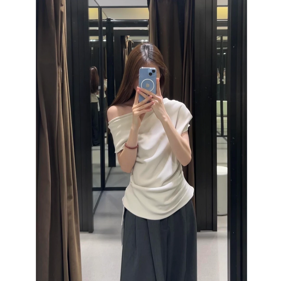 法式气质露肩短袖T恤女2025夏季褶皱收腰上衣深灰色阔腿裤两件套