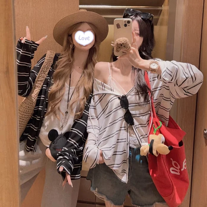 莱赛尔时尚条纹连帽开衫防晒薄款女夏季2025新款宽松休闲显瘦上衣