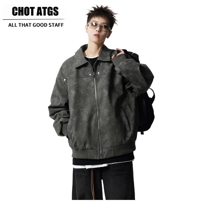 CHOT ATGS美式复古翻领皮衣男款秋季痞帅机车皮夹克潮牌情侣外套