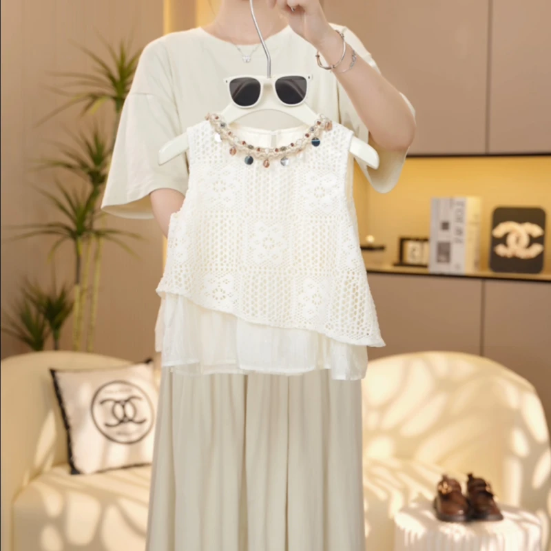 【现货现发】女童夏装短袖薄款2025新款洋气女孩简约气质镂空背心T