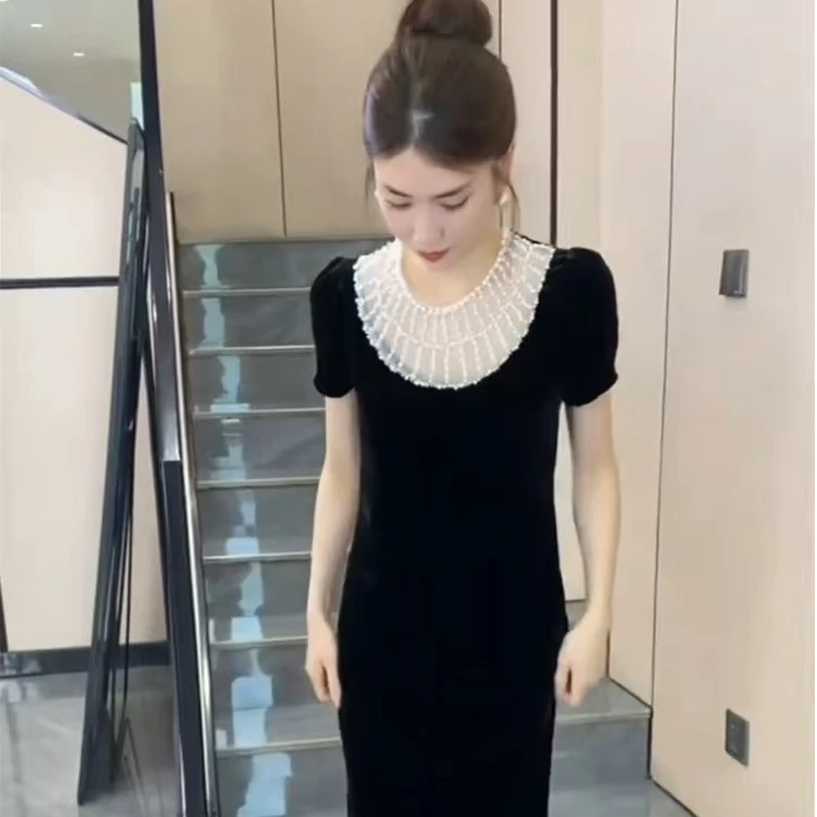 2025夏季新款欧货名媛风时尚拼接设计感丝绒裙百搭气质显瘦连衣裙