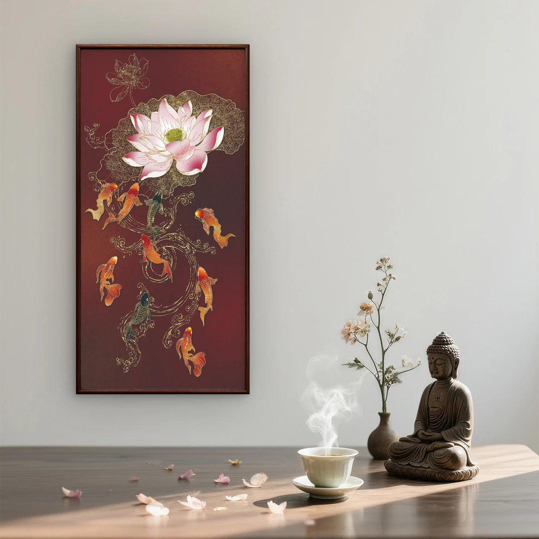 8914-80*160红色荷花鱼书房办公室茶室客厅装饰画