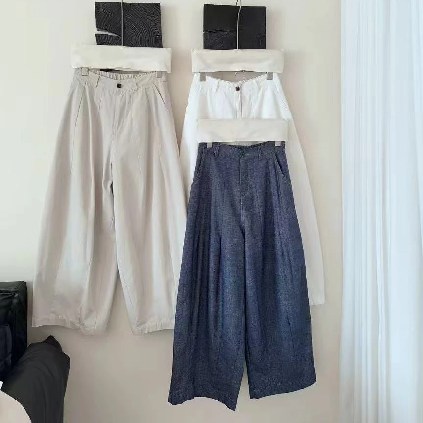 花家/ 2025春夏新款一粒方扣 阔版显瘦百搭复古弯刀裤