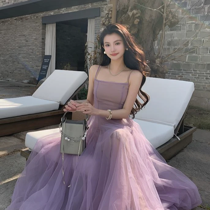 依漾自制-【雨雾紫藤】夏季新款法式气质温柔风长款紫色网纱吊带裙