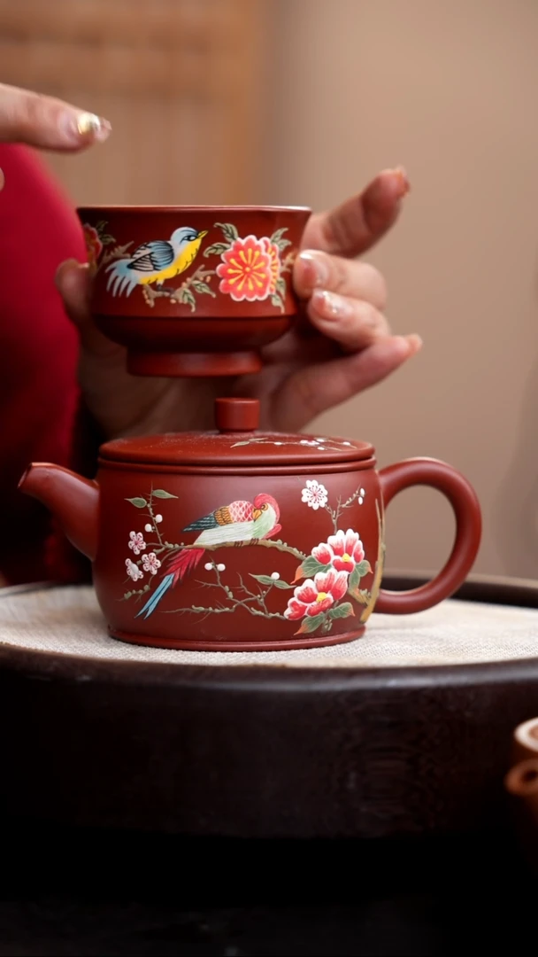 【闪购商品】紫砂茶壶大红袍汉瓦泥绘花鸟+杯