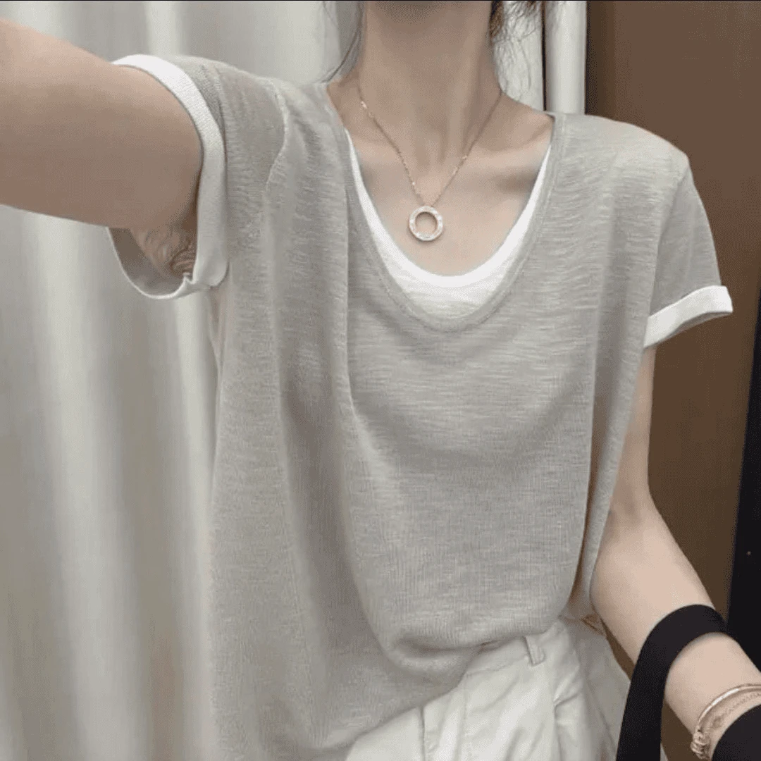 冰感透气上衣女夏季薄款假两件v领T恤宽松上衣显瘦百搭洋气衣服女