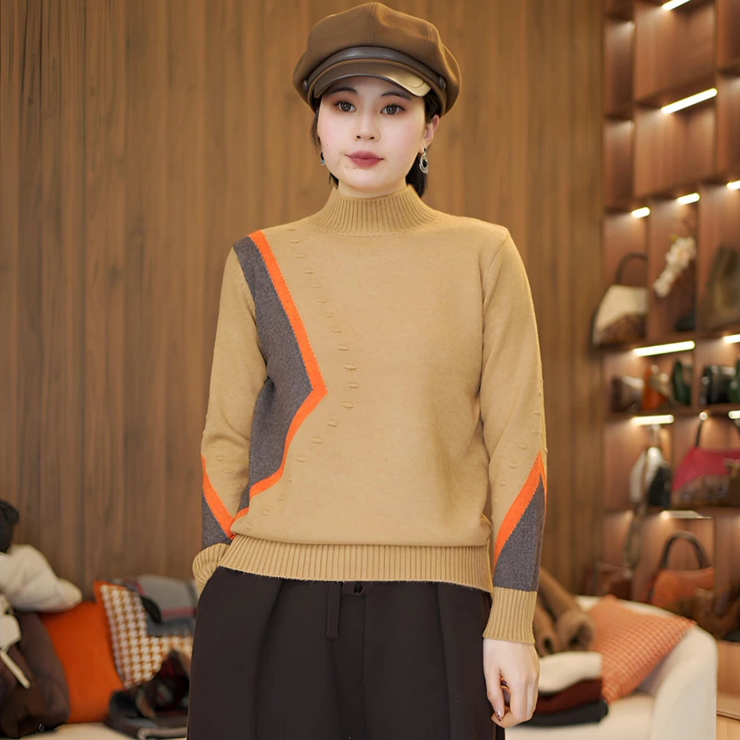 知南新款“几何图”撞色拼色时尚百搭套头半高领针织衫