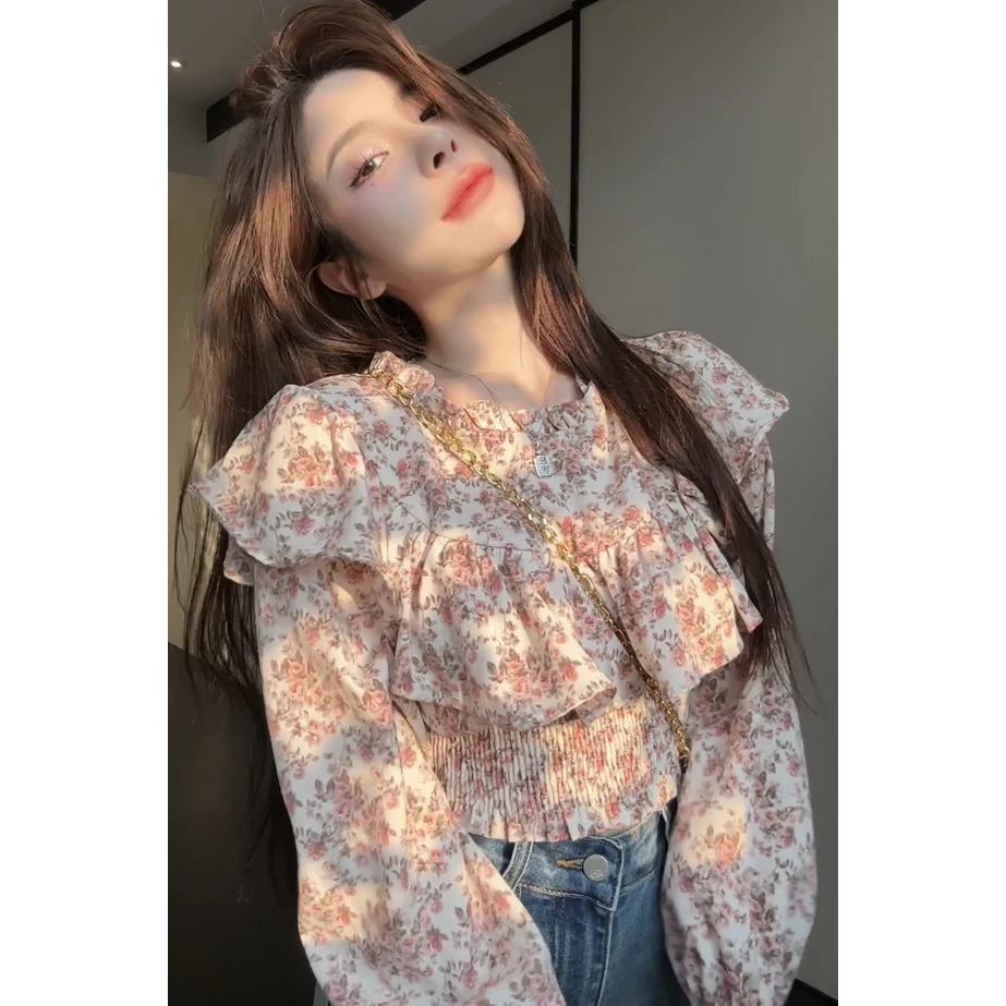 超好看荷叶边高腰长袖碎花衬衫女2025春夏季独特别致绝美短款上衣