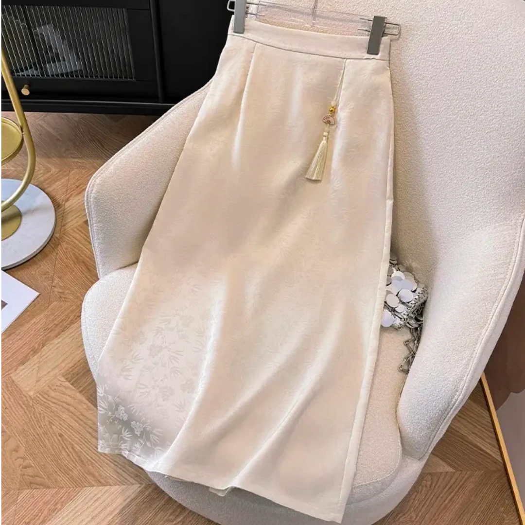 蚕丝新中式国风提花半身裙夏季气质复古高腰显瘦包臀中裙子777
