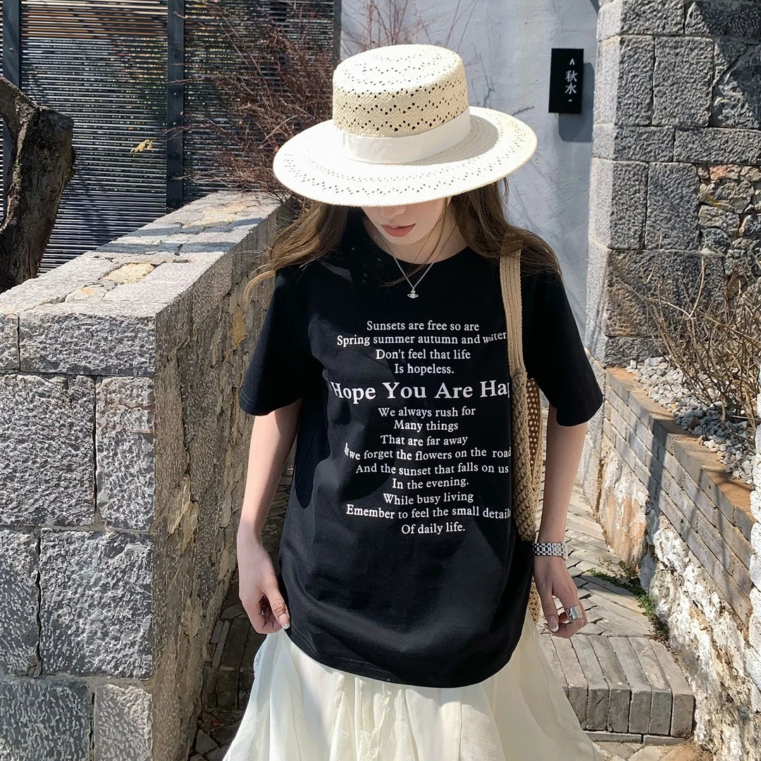 美式白色打底圆领短袖T恤女2025夏季新款爆款设计感宽松印花上衣