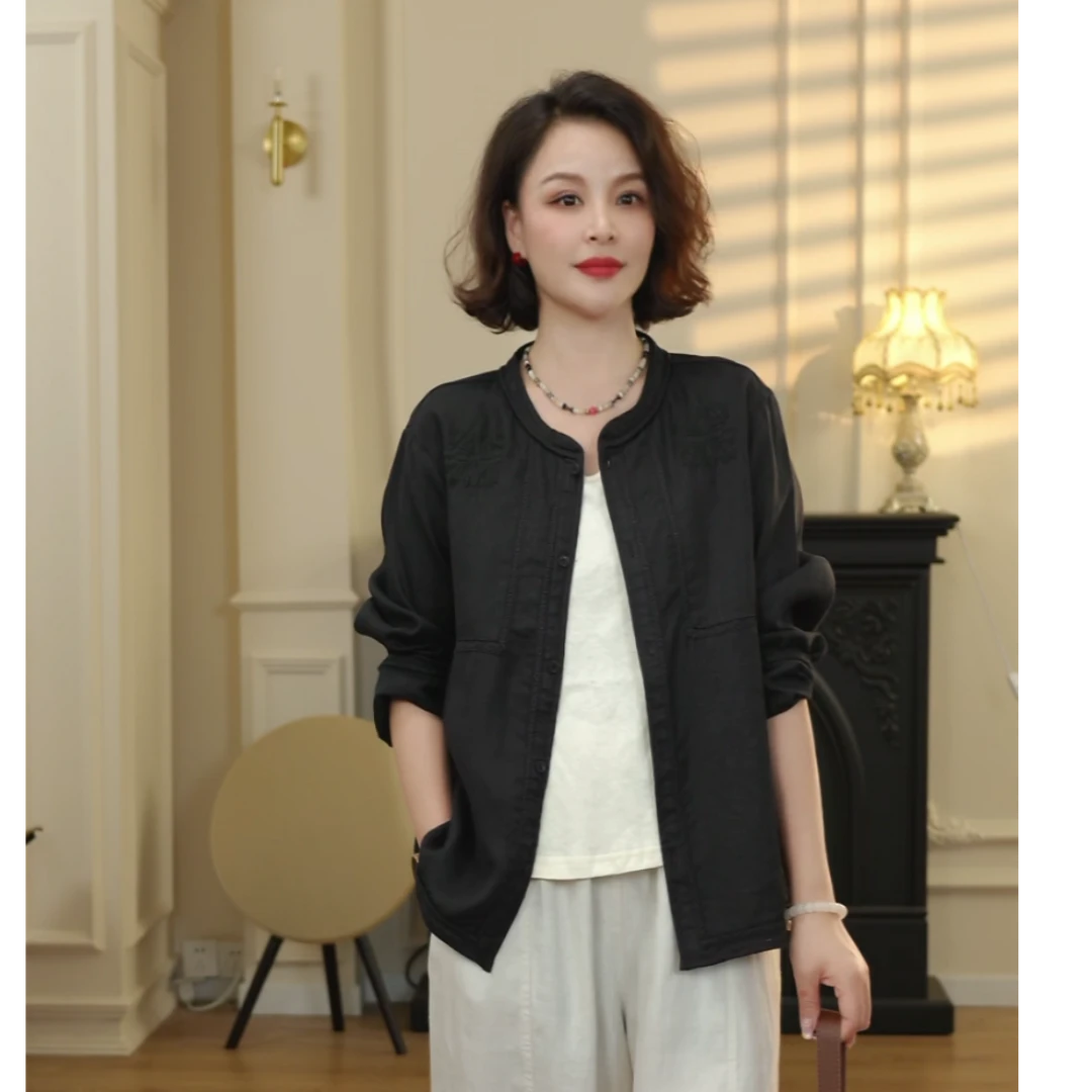 【橘猫美依】亚麻圆领外套重工单排扣复古文艺小外套88519