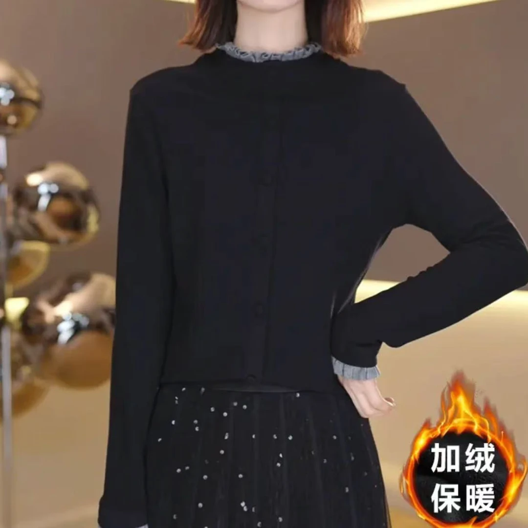 冬季新款加绒保暖打底衫女气质设计感轻盈长袖T恤新年款