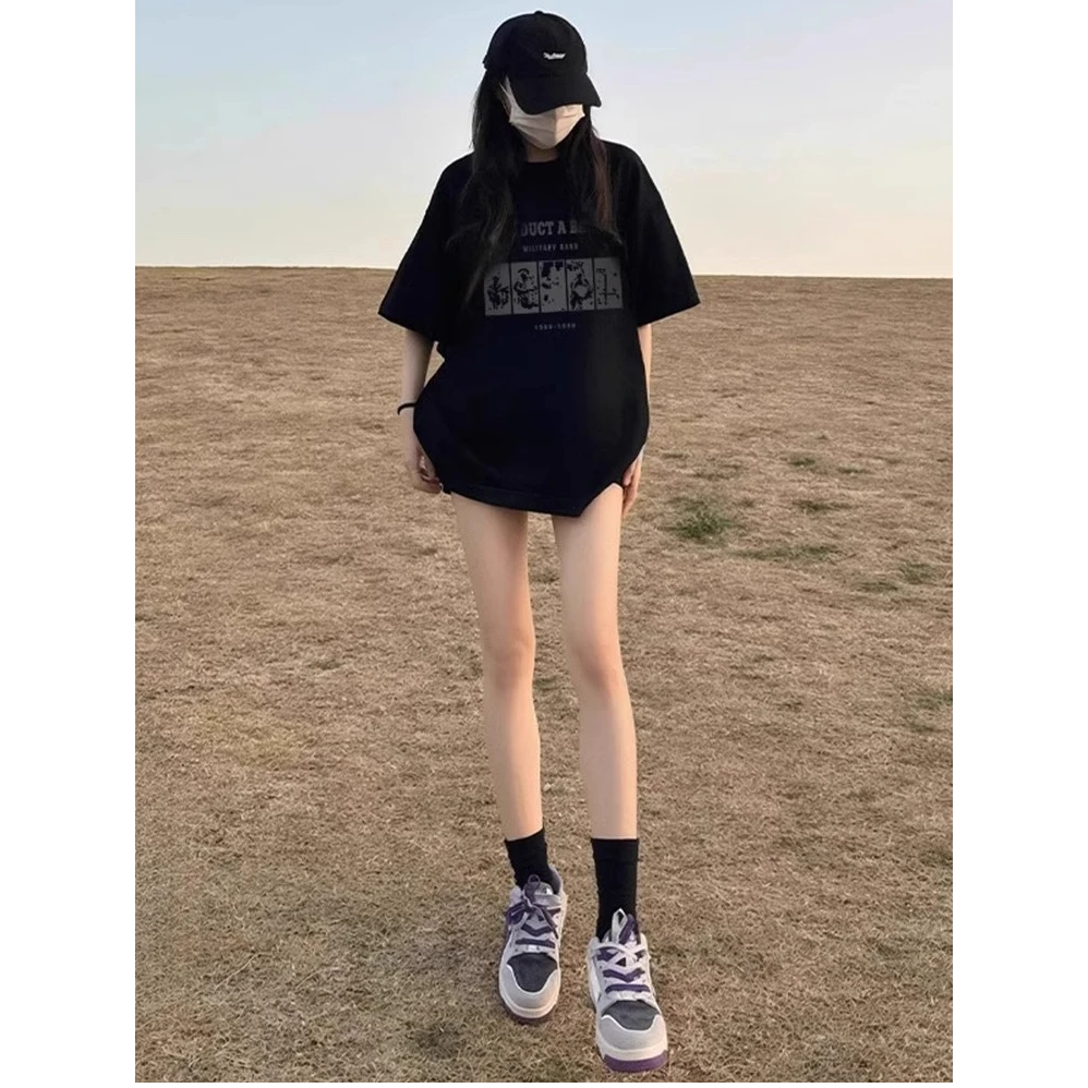 美式重磅黑色正肩t恤2025夏季新款痞帅上衣纯棉宽松短袖女高级感