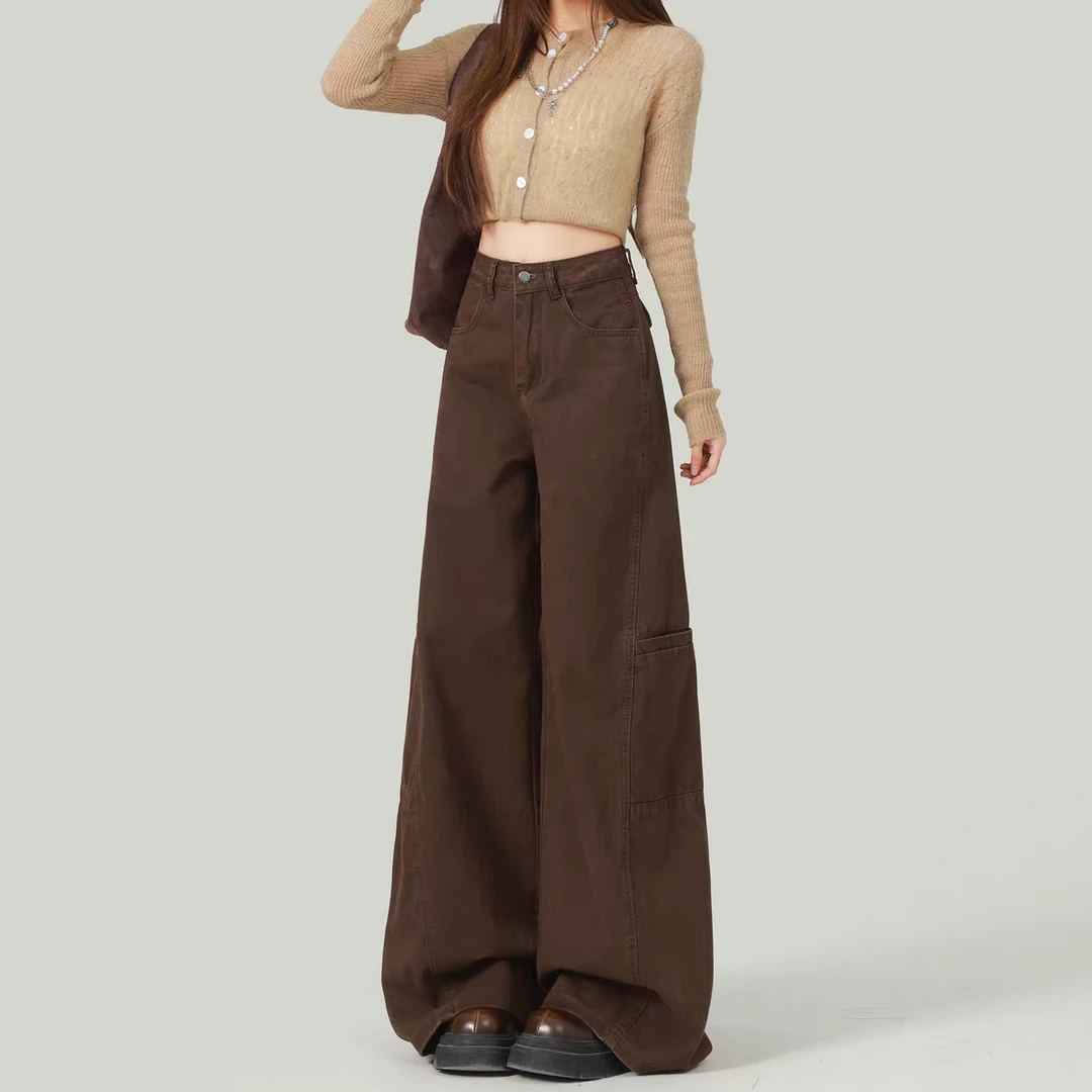 美拉德棕咖色高腰宽松显瘦弯刀阔腿工装牛仔裤女秋冬新款