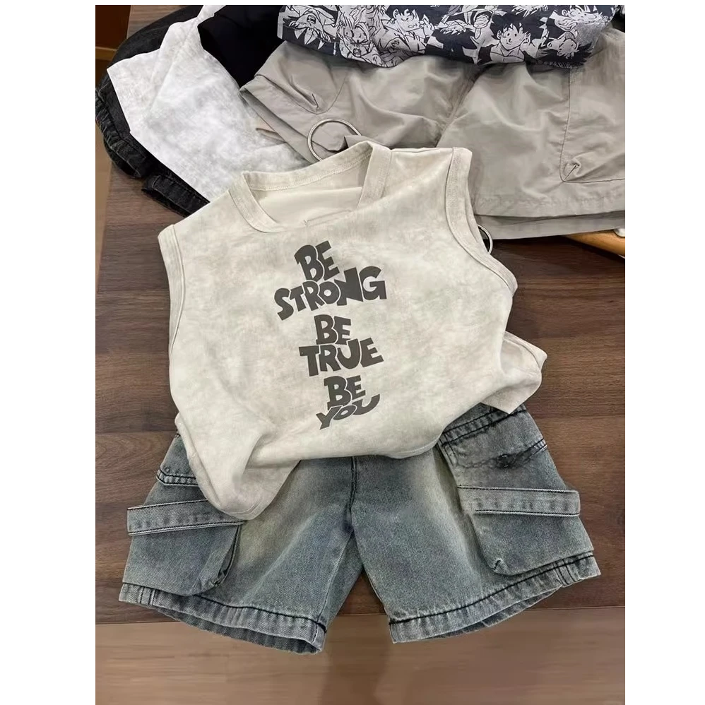 【现货】男童夏装套装2025新款儿童无袖t恤洋气宽松工装裤短裤韩范