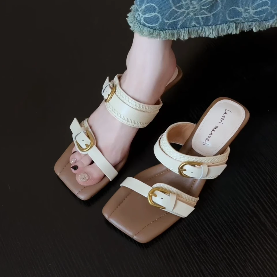 Pokoy-5.5cm法式复古方头一字带凉拖鞋新款百搭露趾凉鞋