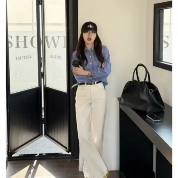 【送腰带】米杏色高腰窄版直筒牛仔裤百搭洋气7809