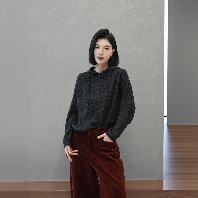 POPULARYW【柠海晴空】简约纽扣宽松显瘦纯色休闲短款连帽毛衣