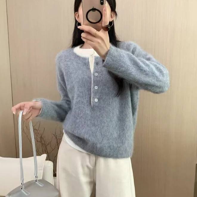 羊毛拉绒圆领针织衫网红针织休闲时尚亨利领撞色宽松型毛衣