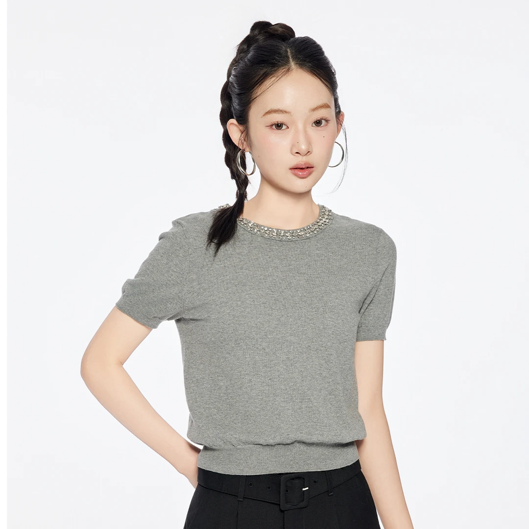 A21女装气质手工钉钻圆领针织衫上衣F452243040