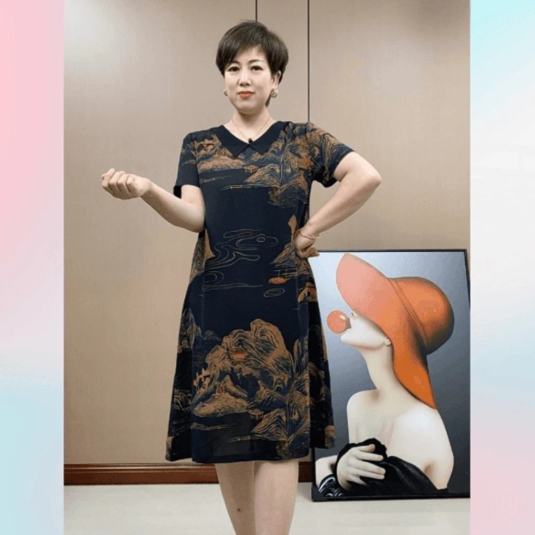 夏季新款遮肉显瘦黑色山水画气质时尚妈妈装连衣裙