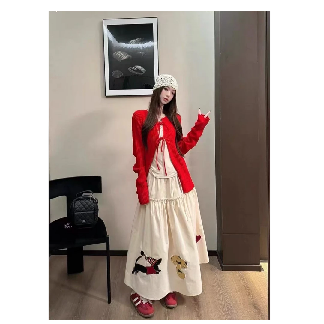 胖mm春季汉元素气质显瘦小众T恤系带针织开衫复古半身裙套装女
