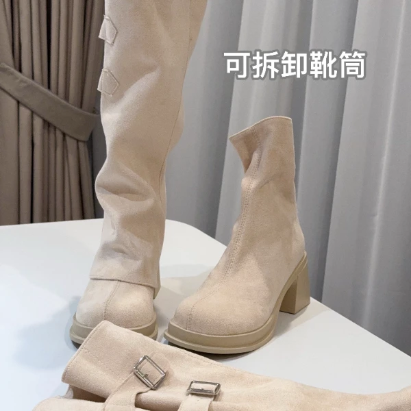 FussyY【6.5cm可拆卸米白色靴子】日系甜美增高跟舒适设计师靴子