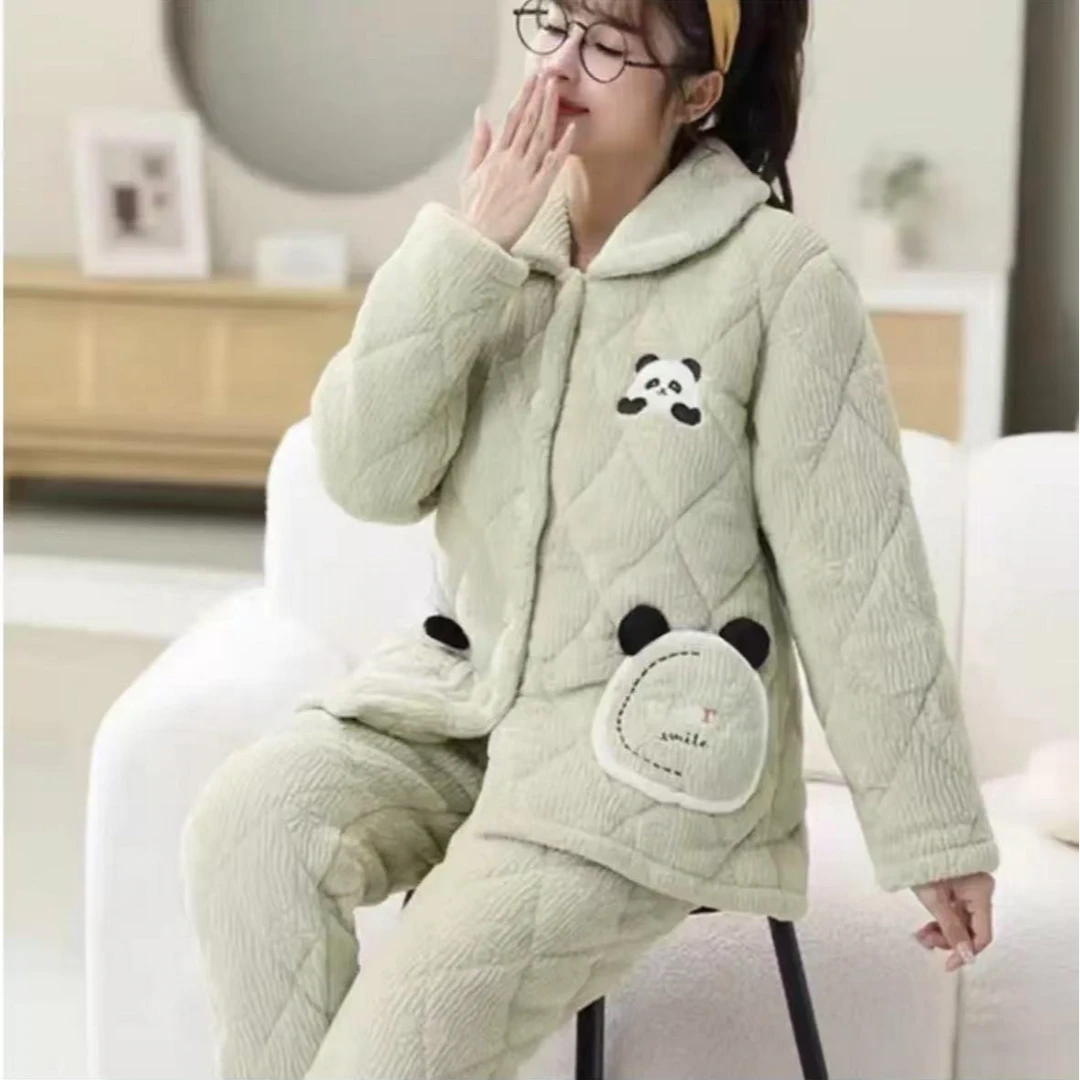 睡衣女秋冬季加厚珊瑚绒三层夹棉2024年新款网红风冬天家居服套装