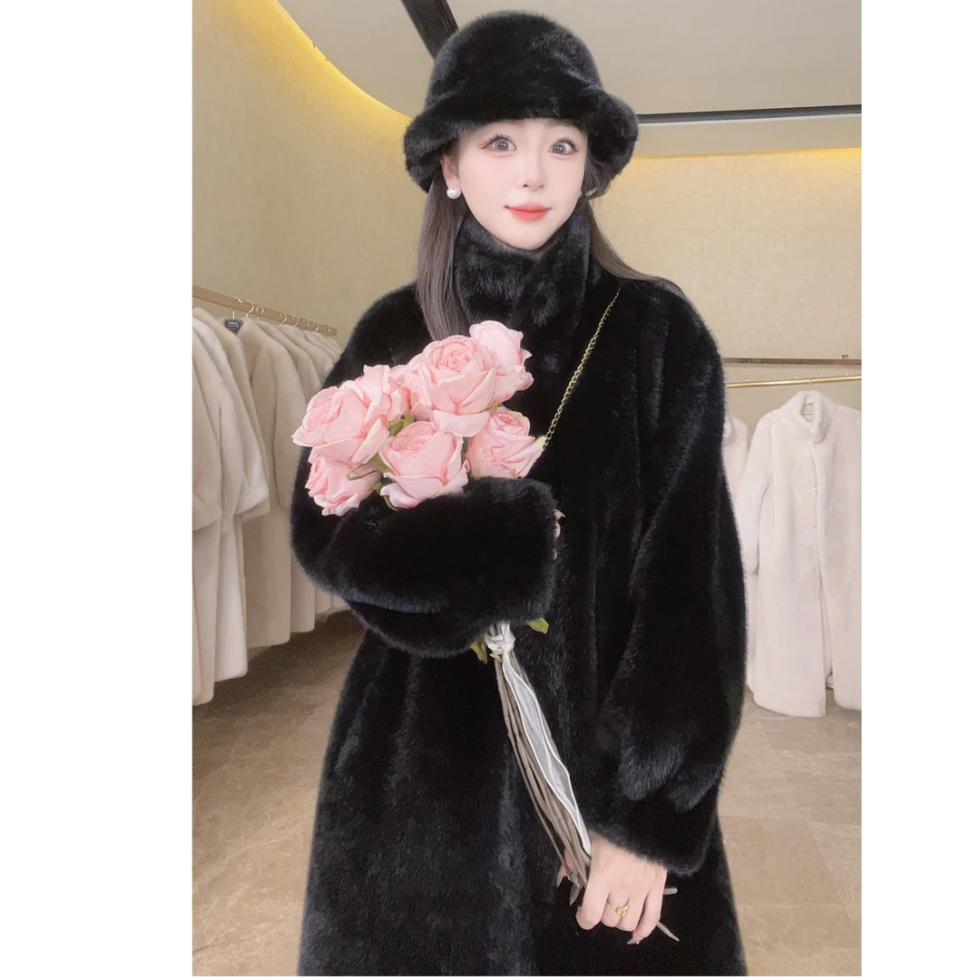 海宁2025冬新款貂绒加厚外套过膝韩版立领女时尚百搭韩版毛毛大衣