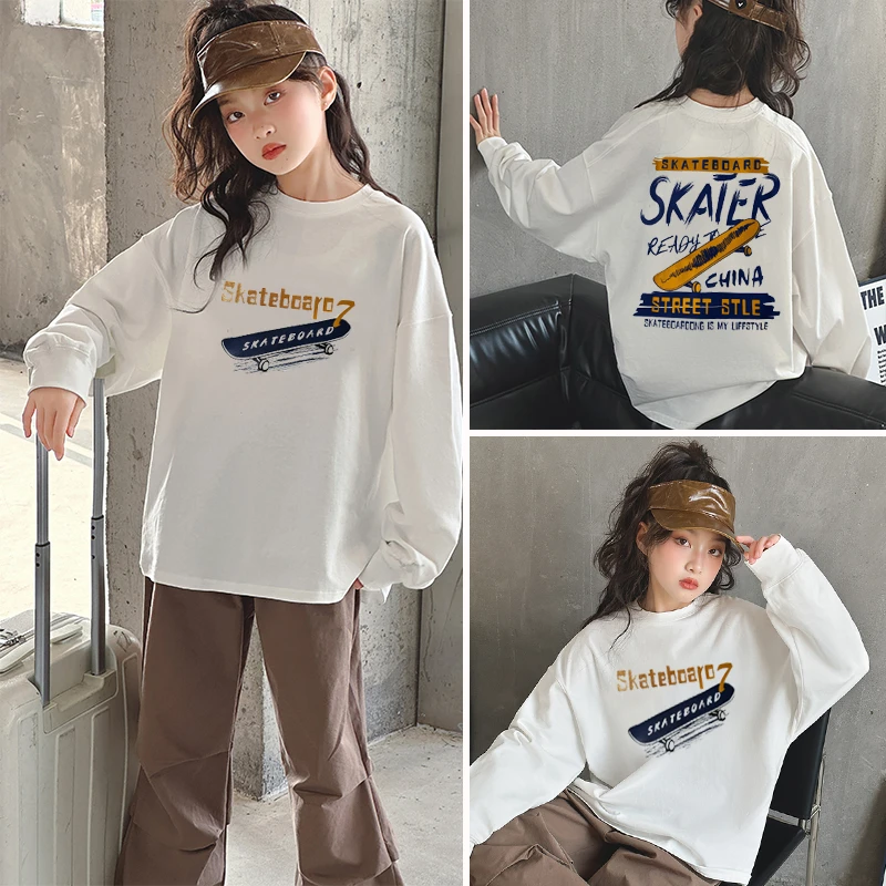 女童长袖t恤打底衫春秋2025新款女大童宽松上衣儿童春款白色内搭