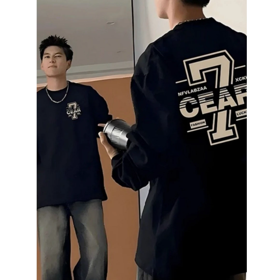 特大码300斤2025重磅纯棉男长袖T恤印花美式高街时尚潮流宽松秋衣