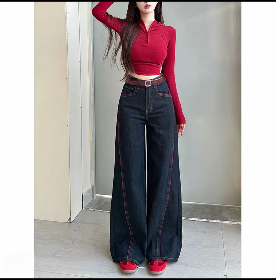 安可拉线条丹宁蓝阔腿裤牛仔裤女2025秋季新款高腰宽松百搭长裤