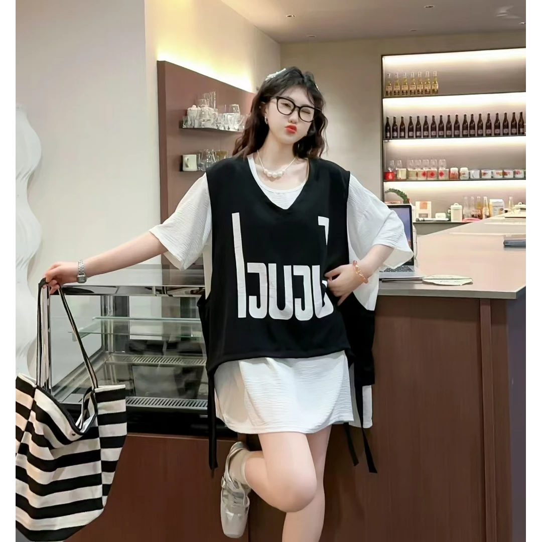 夏季新款大码时尚欧韩马甲+T桖衫女两件套8815