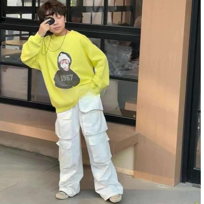 可爱超萌儿童衣服新款91008运动潮流圆领韩版时髦儿童T恤白色秋冬