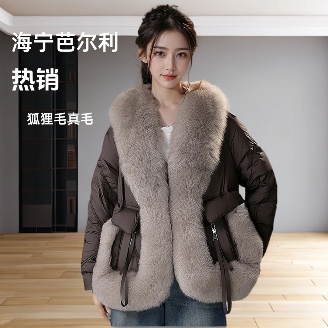 海宁皮草狐狸毛真毛鹅绒服大毛领加厚女士时尚冬季外套保暖气质