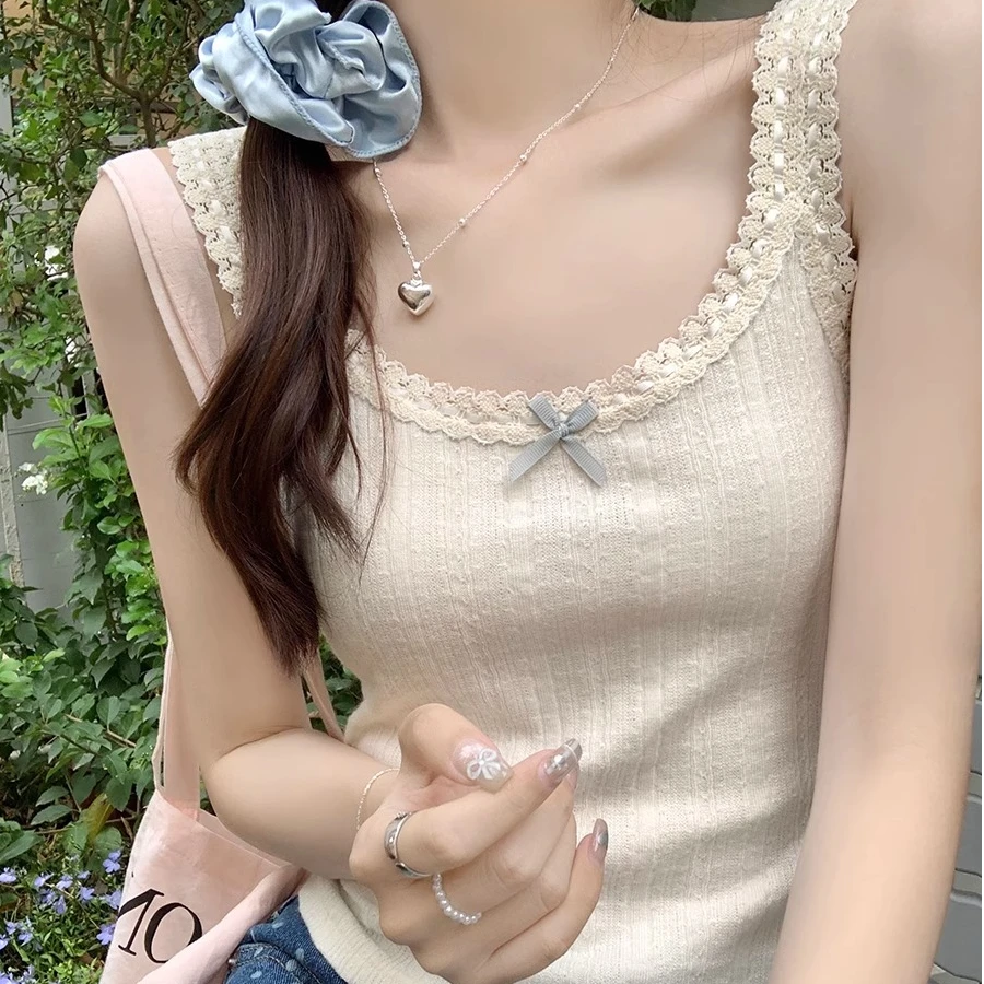 纯欲蕾丝花边蝴蝶结小吊带短款遮副乳打底背心春夏秋修身内搭上衣
