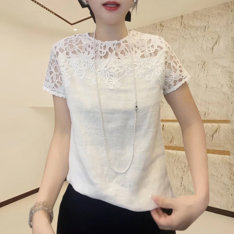2025夏显瘦漂亮小衫百搭洋气设计感短袖女设计感董丝拼接镂空短袖