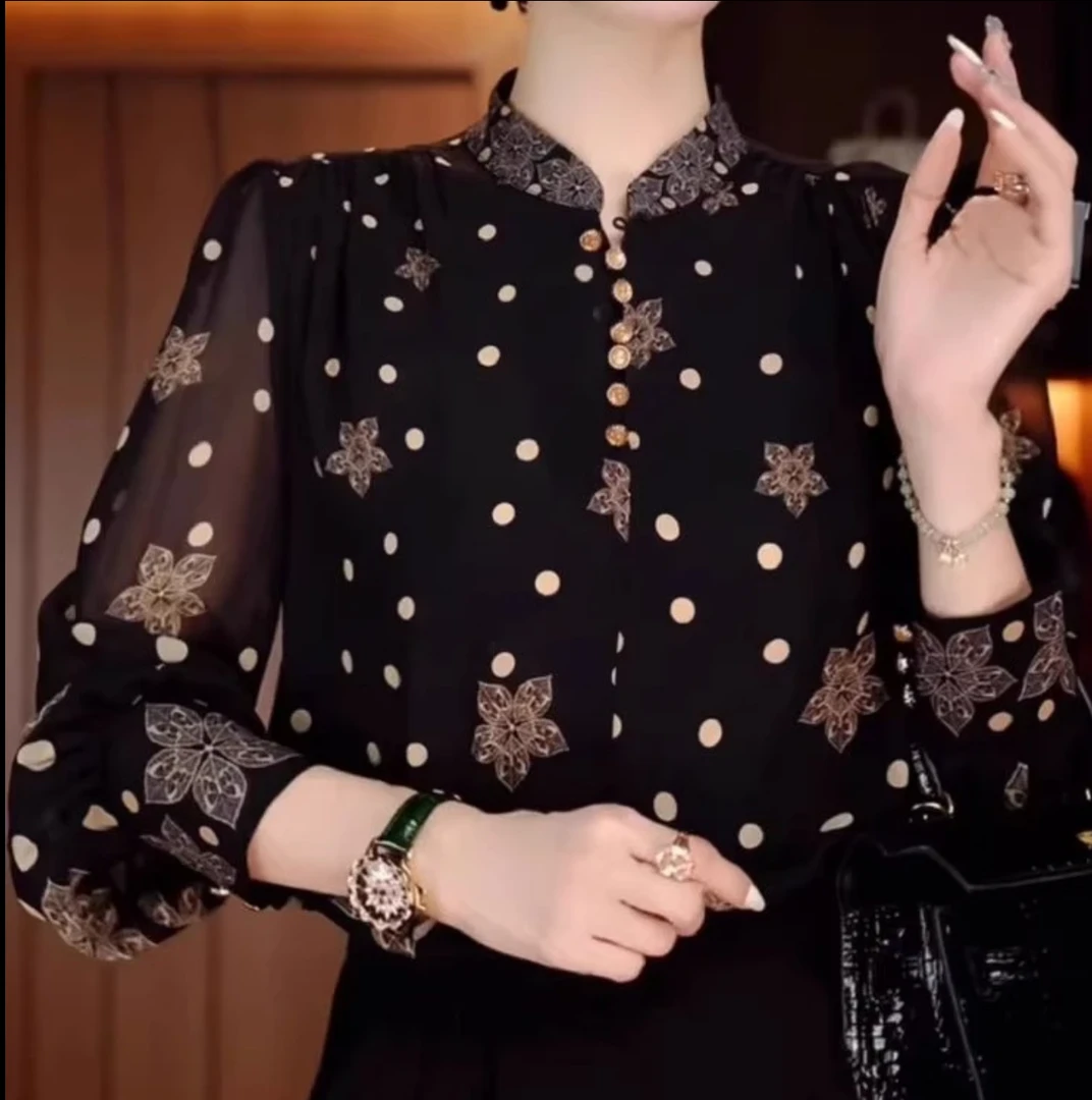 2025春秋夏印花修身款长袖波点时尚衬衫气质女士打底女装小衫0420