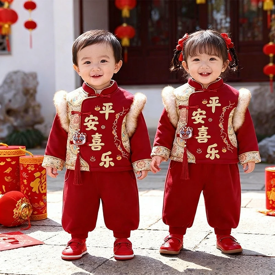 儿童冬季加厚红色新中式喜庆拜年服套装婴儿外出服男童女宝宝冬装