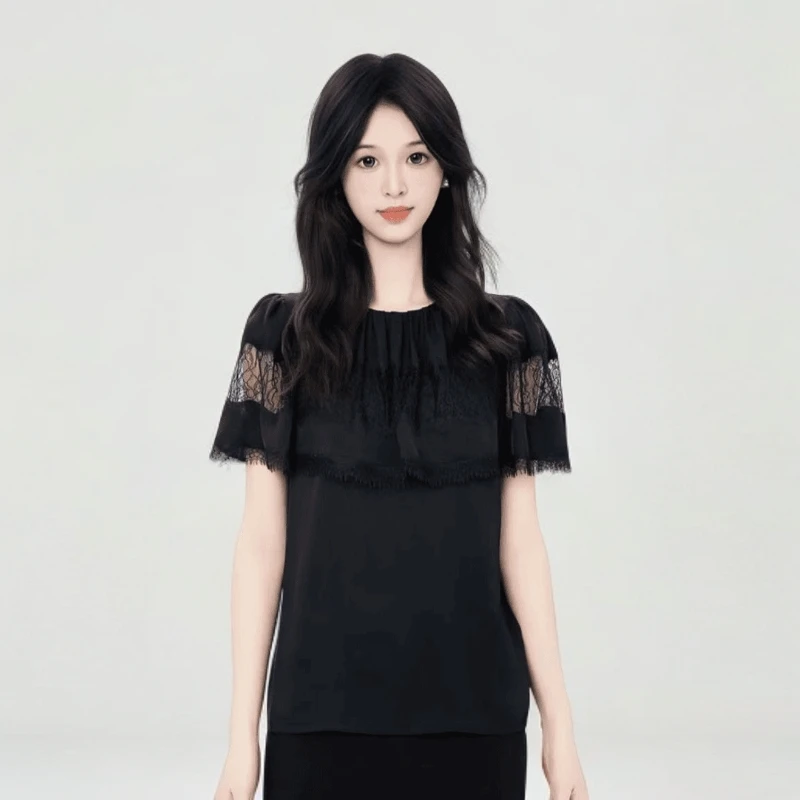 AMASS/阿玛施新中式百搭显瘦气质云肩上衣优雅蕾丝短袖530018