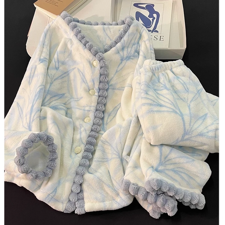 紫色晕染珊瑚绒加绒加厚睡衣秋冬季女款爆款2025新款长袖裤家居服