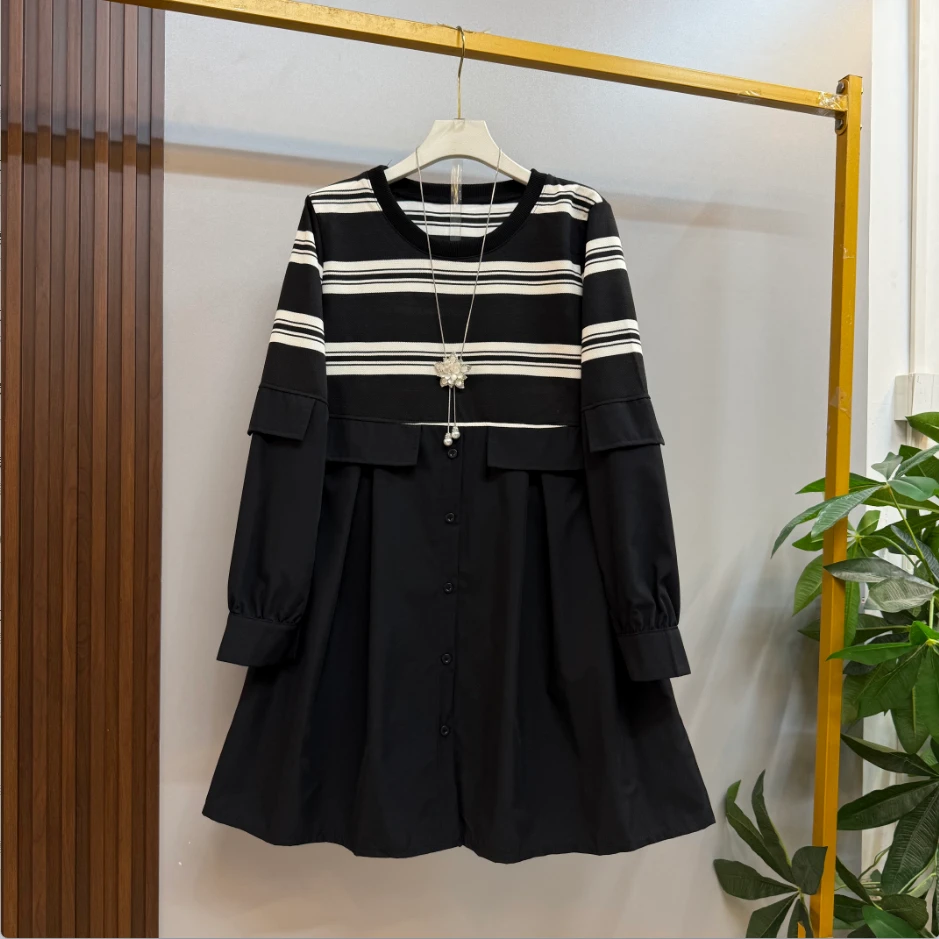 早秋新款时尚洋气条纹拼接设计韩版宽松百搭气质大码连衣裙